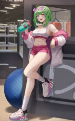 Rule 34 | 1girl, :d, abs, absurdres, armpits, bare shoulders, breasts, bub shoku, cleavage, crop top, cup, dolphin shorts, drawstring, eyewear on head, fang, gamer supps, green hair, gya (144), gym, hand up, heart, heart-shaped eyewear, highres, holding, holding cup, indie virtual youtuber, indoors, jacket, leaning back, long sleeves, looking at viewer, medium breasts, midriff, navel, off shoulder, open clothes, open jacket, open mouth, pink eyes, pink shorts, shoes, short hair, short shorts, shorts, sleeveless, smile, sneakers, socks, solo, sports bra, stomach, sunglasses, thighs, virtual youtuber, white footwear, white jacket, white socks, white sports bra