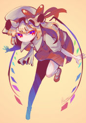 Rule 34 | 1girl, absurdres, ascot, bat wings, blonde hair, bow, crystal, flandre scarlet, frills, hat, hat ribbon, highres, hunched over, ikra (ikrazusi), looking at viewer, mob cap, multicolored eyes, outstretched arms, puffy short sleeves, puffy sleeves, purple eyes, red bow, red eyes, red ribbon, red skirt, red vest, ribbon, shadow, shirt, short hair, short sleeves, side ponytail, simple background, skirt, smile, solo, touhou, vest, white hat, white shirt, wings, yellow ascot, yellow background