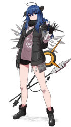 Rule 34 | 1girl, arknights, bare legs, black footwear, black gloves, black jacket, black shorts, blue eyes, blue hair, boots, breasts, closed mouth, commentary, cross-laced footwear, demon horns, demon tail, detached wings, english commentary, full body, gloves, hair between eyes, halo, highres, horns, jacket, legs apart, long hair, long sleeves, looking at viewer, medium breasts, mostima (arknights), open clothes, open jacket, samacho, shirt, short shorts, shorts, simple background, smile, solo, staff, standing, strap, tail, v, white background, white shirt, wings
