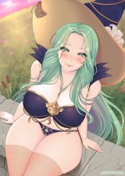 Rule 34 | 1girl, absurdres, alternate costume, arm support, bare shoulders, blue panties, blush, breasts, cleavage, cryptid crab, curvy, fire emblem, fire emblem: three houses, fire emblem heroes, from above, green eyes, green hair, halloween, hat, highres, large breasts, long hair, looking at viewer, looking up, nail polish, navel, nintendo, official alternate costume, outdoors, panties, rhea (fire emblem), sitting, smile, thick thighs, thighhighs, thighs, underwear, very long hair, white nails, witch, witch hat