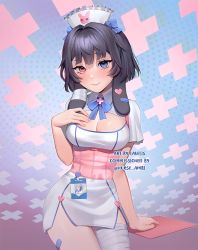Rule 34 | 1girl, ambi (vtuber), animal ears, arm support, bandaged leg, bandages, bandaid on ear, black hair, blue bow, blue eyes, blue ribbon, blush, bow, breast suppress, breasts, cleavage cutout, closed mouth, clothing cutout, collared dress, commentary, commission, cowboy shot, dress, ear ornament, english commentary, fingernails, hair bow, hand up, hat, head tilt, heart, heterochromia, highres, id card, indie virtual youtuber, large breasts, lavelis, looking at viewer, lop rabbit ears, medium hair, neck ribbon, nurse, nurse cap, pink eyes, rabbit ears, ribbon, sitting, smile, solo, underbust, virtual youtuber, wing collar
