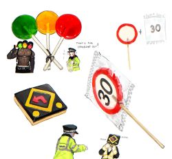 Rule 34 | 3boys, arrow (ghost k1n), candy, chocolate, commentary, eating, food, friends, ghost k1n, green mask, harness, hat, highres, lollipop, male focus, multiple boys, multiple heads, original, police hat, red mask, speed limit (ghost k1n), symbol-only commentary, topless male, traffic light, traffic light (ghost k1n), traffic officer, yellow mask