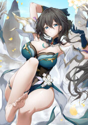 Rule 34 | 1girl, aqua dress, aqua eyes, aqua gloves, armpits, arms up, bare legs, barefoot, bead necklace, beads, black hair, blue sky, breasts, capelet, cleavage, commentary request, covered navel, day, detached collar, dress, falling petals, feet, flower, foot out of frame, gloves, hair between eyes, hands up, high-low skirt, highres, honkai: star rail, honkai (series), jewelry, knee up, large breasts, legs, looking at viewer, midair, mountain, necklace, parted lips, petals, ruan mei (honkai: star rail), sidelocks, sky, soles, solo, strapless, strapless dress, thigh strap, toenails, toes, white capelet, white flower, xfate