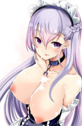 Rule 34 | 1girl, apron, arms behind back, azur lane, bare shoulders, belfast (azur lane), blush, braid, breasts, breasts out, broken, broken chain, chain, collar, collarbone, commentary request, elbow gloves, french braid, frilled apron, frills, gloves, hair between eyes, highres, large breasts, long hair, looking away, maid apron, maid headdress, nipples, open mouth, purple eyes, purple hair, simple background, solo, suggestive fluid, takara akihito, very long hair, white gloves