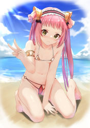 Rule 34 | 1girl, absurdres, art itou, ayane (princess connect!), bare shoulders, barefoot, beach, bikini, breasts, cameltoe, collarbone, hair ornament, highres, kneeling, long hair, micro bikini, navel, ocean, princess connect!, sand, sky, small breasts, solo, split mouth, swimsuit, twintails, v, yellow eyes