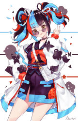 Rule 34 | &gt; &lt;, 1girl, :3, :p, aqua hair, artist name, bad id, bad pixiv id, bag, bird, black dress, black hair, black sailor collar, bow, bowtie, bug, butterfly, choker, clover, commentary request, cowboy shot, down jacket, dress, fate/grand order, fate (series), four-leaf clover, glasses, green eyes, hair bow, hair ornament, hairclip, hand on own hip, hand up, handbag, high ponytail, highres, houndstooth, insect, itogawa mio, jacket, leather choker, long sleeves, miniskirt, multicolored hair, multicolored nails, nail polish, neon trim, obi, oversized clothes, pince-nez, print skirt, puffy long sleeves, puffy sleeves, red hair, red neckwear, sailor collar, sailor shirt, sash, sei shounagon (fate), seigaiha, shirt, short sleeves, side slit, sidelocks, signature, skirt, sleeve cuffs, standing, striped, striped background, sunglasses, tinted eyewear, tongue, tongue out, twintails, w, wavy hair, white background, white bag, zipper