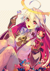 Rule 34 | 1girl, ahoge, cameo, candy, center opening, character print, spiked halo, fingernails over gloves, food, gloves, guilty gear, guilty gear xrd, halo, highres, jack-o&#039; valentine, jewelry, lollipop, multicolored hair, necklace, red eyes, red hair, sol badguy, solo, suzunashi, two-tone hair, white hair