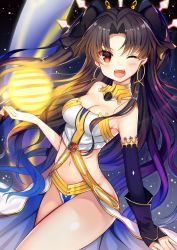 Rule 34 | &gt;;d, 1girl, ;d, armlet, asymmetrical gloves, bare arms, bare legs, bare shoulders, black gloves, black hair, black ribbon, blue hair, breasts, bridal gauntlets, cleavage, clothing cutout, crown, earrings, elbow gloves, eyes visible through hair, fate/grand order, fate (series), female focus, gem, gloves, gradient hair, groin, hair intakes, hair ribbon, happy, highres, hip focus, holding, hoop earrings, ishtar (fate), jewelry, legs, long hair, looking at viewer, magic, medium breasts, midriff, multicolored hair, nan (jyomyon), naughty face, navel, navel cutout, neck, neck ring, one eye closed, open mouth, orb, outdoors, parted bangs, red eyes, revealing clothes, ribbon, round teeth, single elbow glove, single glove, sky, smile, solo, space, star (sky), starry sky, strapless, teeth, tohsaka rin, two side up, type-moon, uneven gloves, very long hair, wavy hair, wink