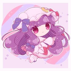 Rule 34 | 1girl, absurdres, bow, chibi, crescent, crescent hair ornament, crescent hat ornament, crescent pin, dress, hair ornament, hat, hat bow, hat ornament, highres, inukkomaru, mob cap, patchouli knowledge, purple eyes, purple hair, solo, striped clothes, striped dress, touhou, vertical-striped clothes, vertical-striped dress