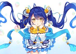 Rule 34 | 1girl, ahoge, amamiya kokoro, bell, blue background, blue hair, blue ribbon, blush, chestnut mouth, commentary request, dress, floating hair, gradient background, hair bell, hair between eyes, hair ornament, hair ribbon, hands on own face, hands up, jingle bell, long hair, long sleeves, looking at viewer, maki soutoki, nijisanji, ribbon, shawl, sleeves past wrists, solo, twintails, very long hair, virtual youtuber, white background, white dress, white ribbon, yellow eyes, yellow ribbon