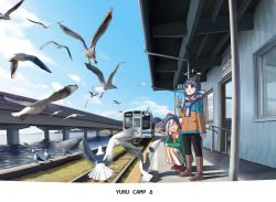 Rule 34 | 2girls, :d, absurdres, beanie, bird, blue hair, blue sky, bridge, cellphone, closed eyes, cloud, commentary, copyright name, day, highres, holding, holding phone, kagamihara nadeshiko, long sleeves, multiple girls, ocean, open mouth, outdoors, parted lips, phone, pink hair, pom pom (clothes), pom pom beanie, railroad tracks, seagull, shima rin, sky, smartphone, smile, squatting, standing, train, train station platform, translation request, winter hat, yurucamp, zeng$ (zwj)
