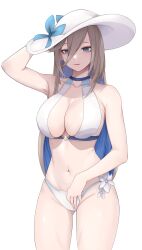 Rule 34 | 1girl, absurdres, aponia (honkai impact), armpits, bikini, blue eyes, breasts, brown hair, closed mouth, collarbone, commentary, cowboy shot, dress, english commentary, highres, honkai (series), honkai impact 3rd, large breasts, long hair, looking at viewer, navel, simple background, solo, stomach, sundress, swimsuit, west (user frmf8438), white background, white bikini