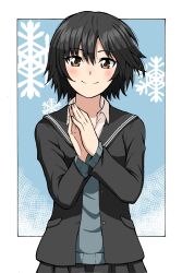 Rule 34 | 1girl, amagami, black hair, black jacket, black skirt, blazer, blush, brown eyes, closed mouth, collared shirt, corrupted twitter file, emapippi, hands up, highres, jacket, long sleeves, looking at viewer, nanasaki ai, open clothes, open jacket, own hands together, shirt, short hair, skirt, smile, snowflakes, solo, split mouth, sweater, upper body, white shirt