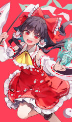 Rule 34 | 1girl, :d, ascot, bare legs, bare shoulders, between fingers, black hair, blunt bangs, bow, commentary request, detached sleeves, floating hair, foot out of frame, frilled ascot, frilled bow, frilled hair tubes, frills, gohei, hair bow, hair tubes, hakurei reimu, highres, holding, holding stick, long hair, long sleeves, looking at viewer, ofuda, ofuda between fingers, open mouth, orb, red background, red bow, red eyes, red skirt, red vest, ribbon-trimmed sleeves, ribbon trim, sarashi, simple background, skirt, skirt set, smile, solo, stick, syuri22, touhou, v-shaped eyebrows, very long hair, vest, wide sleeves, yellow ascot, yin yang, yin yang orb