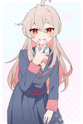 Rule 34 | 1girl, ahoge, black jacket, black skirt, blush, brown eyes, colored inner hair, commentary, grey hair, grin, hair between eyes, highres, jacket, long hair, long sleeves, looking at viewer, multicolored hair, nagano ayu, onii-chan wa oshimai!, pink hair, pleated skirt, school uniform, simple background, skirt, smile, solo, two-tone hair, v, v over mouth, wing collar