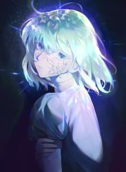 Rule 34 | 1other, absurdres, androgynous, cherrymaru, commentary, crystal hair, diamond (houseki no kuni), english commentary, from side, gem uniform (houseki no kuni), highres, houseki no kuni, light particles, looking at viewer, multicolored eyes, multicolored hair, rainbow hair, short hair, short sleeves, simple background, solo