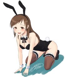Rule 34 | 10s, 1girl, animal ears, breasts, brown eyes, brown hair, fake animal ears, idolmaster, idolmaster cinderella girls, leotard, long hair, meile, nitta minami, playboy bunny, rabbit ears, rabbit tail, simple background, smile, solo, tail, thighhighs, wrist cuffs