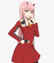 Rule 34 | 10s, 1girl, blunt bangs, cowboy shot, darling in the franxx, dress, elfenlied22, green eyes, grey background, grey hairband, hairband, hand on own hip, highres, horns, long hair, pantyhose, pink hair, red dress, short dress, simple background, solo, standing, very long hair, zero two (darling in the franxx)