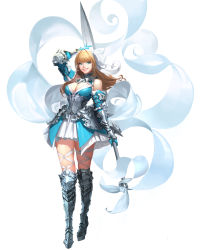Rule 34 | 1girl, absurdres, armor, armored boots, bare shoulders, blonde hair, blue eyes, blue gloves, boots, breasts, cleavage, daeho cha, dress, full body, gloves, greatsword, grin, hair ribbon, highres, holding, holding sword, holding weapon, long hair, looking at viewer, original, realistic, ribbon, simple background, smile, solo, sword, weapon, white background, white ribbon