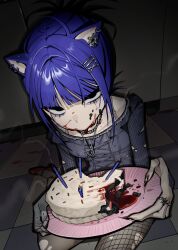 Rule 34 | 1girl, ambiguous red liquid, animal ear piercing, animal ears, birthday cake, black eyes, blue hair, bra strap, cake, candle, cat ears, claws, commentary, food, food on face, grey pantyhose, hair intakes, hair ornament, hairclip, highres, jewelry, kubrick stare, necklace, on floor, original, pale skin, pantyhose, plate, scocasr, sitting, smoke, solo, symbol-only commentary, tile floor, tiles, torn clothes, torn pantyhose, yokozuwari