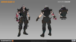 Rule 34 | 1boy, 2024, a-pose, ass, back, black pants, boots, ceciclia deyne, character name, clenched hands, closed mouth, commentary, concept art, english commentary, english text, full body, gloves, grey hair, highres, logo, male focus, official alternate costume, official art, open hands, overwatch, overwatch 1, overwatch 2, pants, scar, scar on face, short hair, soldier: 76 (overwatch), solo, standing