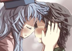 Rule 34 | 1boy, 1girl, blue hair, blush, closed eyes, face-to-face, forehead-to-forehead, gaoo (frpjx283), hat, heads together, hetero, kamishirasawa keine, long hair, open mouth, touhou, upper body