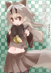 Rule 34 | 1girl, badger ears, badger tail, breast pocket, brown eyes, brown skirt, checkered background, chiki yuuko, commentary request, grey hair, grey tail, jacket around neck, japanese badger (kemono friends), kemono friends, midriff, navel, neckerchief, open mouth, pantyhose, pocket, sailor collar, skirt, solo, tail, yellow neckerchief