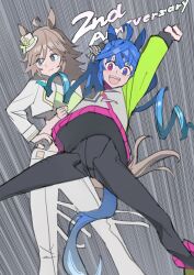 Rule 34 | 2girls, absurdres, ahoge, animal ears, arms up, asymmetrical sleeves, black bodysuit, blue eyes, blue hair, bodysuit, boots, closed mouth, commentary request, cropped jacket, english text, feet out of frame, hand on own hip, hat, heterochromia, highres, hood, hoodie, horse ears, horse girl, horse tail, jacket, jumping, long hair, long sleeves, midair, mini hat, mini top hat, mr. c.b. (umamusume), multicolored clothes, multicolored hair, multicolored hoodie, multiple girls, open mouth, oteyawara-kani, pants, pink eyes, short sleeves, smile, streaked hair, tail, tilted headwear, top hat, twin turbo (umamusume), twintails, umamusume, very long hair, white headwear, white jacket, white pants