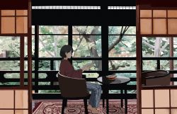 Rule 34 | 1girl, ame (amemgmgmg), barefoot, black hair, book, brown shirt, chair, highres, holding, holding book, indoors, leaf, long sleeves, open book, original, pants, print pants, profile, shadow, shirt, short hair, sitting, solo, table, tree, wide shot, window