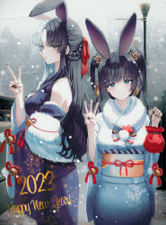 Rule 34 | 2023, 2girls, absurdres, animal ears, bag, bare shoulders, bell, black bow, black hair, black hairband, black nails, blue eyes, blue kimono, blurry, blurry background, bow, bowtie, braid, breasts, bridge, closed mouth, commentary, day, detached sleeves, double bun, english commentary, floral print, fog, fur trim, grey eyes, hair bun, hair ornament, hair over shoulder, hair ribbon, hairband, heterochromia, highres, holding, holding bag, japanese clothes, jisu lee, kimono, lamppost, long hair, long sleeves, looking at viewer, medium breasts, multicolored eyes, multiple girls, new year, obi, open mouth, original, outdoors, parted bangs, pink eyes, print kimono, purple kimono, red eyes, red ribbon, ribbon, sash, sidelocks, smile, snowing, standing, tree, twintails, two-tone bow, v, white bow, wide sleeves, winter