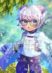 Rule 34 | 1boy, animal ears, black hair, blurry, blurry background, child, commentary request, commission, copyright request, day, depth of field, glasses, green-framed eyewear, green eyes, grey hair, hair between eyes, jacket, jacket on shoulders, kou hiyoyo, long sleeves, looking at viewer, male focus, multicolored hair, open mouth, outdoors, pants, purple pants, shirt, short eyebrows, skeb commission, sleeves past fingers, sleeves past wrists, solo, streaked hair, thick eyebrows, virtual youtuber, white jacket, white shirt