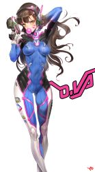 Rule 34 | 1girl, arm up, armpits, bodysuit, breasts, brown eyes, brown hair, blowing bubbles, cameltoe, character name, chewing gum, covered navel, d.va (overwatch), facial mark, gluteal fold, gun, hair flip, hand in own hair, headphones, highres, holding, holding gun, holding weapon, long hair, looking at viewer, medium breasts, overwatch, overwatch 1, pilot suit, simple background, skin tight, skindentation, solo, standing, thigh gap, weapon, whisker markings, white background, yd (orange maru)