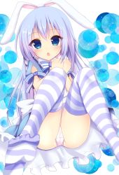 Rule 34 | 1girl, :o, absurdres, animal ears, blue dress, blue eyes, blue hair, bow, cameltoe, clenched hands, collar, commentary request, detached collar, dress, frilled dress, frills, gochuumon wa usagi desu ka?, hanakoizumi yoruno, highres, kafuu chino, leaning to the side, long hair, looking at viewer, no shoes, own hands together, panties, parted lips, puffy short sleeves, puffy sleeves, rabbit ears, ribbon, short sleeves, sitting, soles, solo, star (symbol), striped bow, striped clothes, striped ribbon, striped thighhighs, thighhighs, underwear, very long hair, white collar, white panties, wing collar