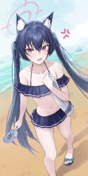 Rule 34 | 2girls, anger vein, animal ear fluff, animal ears, bag (chrko bag), beach, bikini, bikini skirt, black bikini, black hair, blue archive, blue ribbon, cat ears, day, fang, foot out of frame, hair between eyes, hair ribbon, halo, highres, hoshino (blue archive), hoshino (swimsuit) (blue archive), long hair, looking at viewer, multiple girls, navel, official alternate costume, open mouth, outdoors, pink hair, red eyes, red halo, ribbon, sandals, serika (blue archive), serika (swimsuit) (blue archive), solo focus, standing, stomach, swimsuit, twintails, very long hair, water