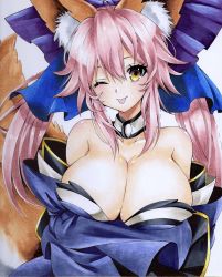 Rule 34 | 1girl, absurdres, animal ear fluff, breasts, cleavage, detached collar, eyebrows hidden by hair, fate/extra, fate (series), hair between eyes, highres, hmdark-9, japanese clothes, large breasts, long hair, looking at viewer, one eye closed, pink hair, simple background, smile, tamamo (fate), tongue, tongue out, twintails, white background
