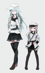 Rule 34 | 10s, 2girls, age switch, agtt25333, belt, black gloves, black legwear, black sailor collar, black skirt, blue eyes, cosplay, costume switch, flat cap, gangut (kancolle), gloves, grey hair, hammer and sickle, hat, height difference, hibiki (kancolle), highres, jacket, kantai collection, loafers, long hair, long sleeves, military, military uniform, miniskirt, multiple girls, aged up, pantyhose, peaked cap, pleated skirt, ponytail, red eyes, role reversal, sailor collar, scar, school uniform, serafuku, shoes, simple background, skirt, thighhighs, uniform, verniy (kancolle), white background, white jacket, aged down