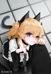 Rule 34 | 1boy, 1girl, alternate costume, animal ears, apron, bad id, bad pixiv id, black pants, black pantyhose, blonde hair, blue eyes, blush, breasts, cat ears, cat tail, choker, collarbone, dokomon, dress, enmaided, fake animal ears, fake tail, fangs, girls&#039; frontline, grin, hair between eyes, hairband, hand on another&#039;s knee, highres, holding, huge filesize, kneeling, long hair, looking at viewer, maid, maid apron, nail polish, pants, pantyhose, sidelocks, small breasts, smile, super-shorty (girls&#039; frontline), tail, two side up, yellow nails