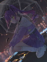 Rule 34 | 1girl, absurdres, alternate costume, black collar, black ribbon, blue nails, blurry, blurry background, character name, cityscape, collar, colored inner hair, cropped jacket, demon girl, demon horns, demon tail, drill hair, dutch angle, ear piercing, green eyes, hair ornament, hair ribbon, hairclip, highres, hololive, horns, jacket, kneehighs, long hair, looking at viewer, miniskirt, multicolored hair, night, off shoulder, piercing, pink hair, pleated skirt, purple hair, purple jacket, purple skirt, rain, ribbon, runlan 0329, shirt, shoes, skirt, sneakers, socks, solo, star (sky), streaked hair, tail, tail ornament, tail piercing, tokoyami towa, transparent, transparent umbrella, twin drills, twintails, umbrella, virtual youtuber, white footwear, white shirt, white socks