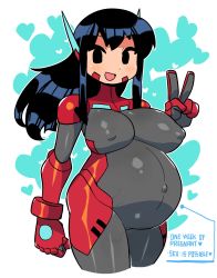 Rule 34 | 1girl, :d, absurdres, asta rindo (rariatto), black eyes, black hair, bodysuit, covered erect nipples, cowboy shot, cropped legs, english text, gloves, grey bodysuit, highres, long hair, looking at viewer, open mouth, original, pregnant, rariatto (ganguri), red gloves, robot ears, smile, solo, standing, v