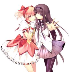 Rule 34 | 10s, 2girls, akemi homura, argyle, argyle clothes, argyle legwear, bad id, bad pixiv id, bow, cocopps, hair bow, hairband, kaname madoka, long hair, magical girl, mahou shoujo madoka magica, mahou shoujo madoka magica (anime), multiple girls, outstretched hand, pantyhose, pink eyes, pink hair, puffy sleeves, purple eyes, purple hair, purple legwear, ribbon, short twintails, twintails