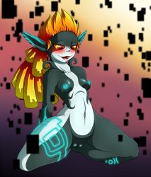 Rule 34 | 1girl, absurdres, arms behind back, blush, breasts, collarbone, colored sclera, fang, female focus, full body, glowing lines, gradient background, half-closed eyes, highres, itsuko103, kneeling, long hair, looking down, midna, navel, nintendo, nipples, nude, open mouth, orange background, orange hair, pointy ears, ponytail, purple background, pussy, red eyes, simple background, small breasts, smile, solo, spread legs, teeth, the legend of zelda, the legend of zelda: twilight princess, tongue, uncensored, yellow sclera