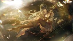 Rule 34 | air bubble, artist request, bubble, china dress, chinese clothes, closed eyes, dress, floating, floating hair, green hair, hair ornament, hanying (punishing: gray raven), highres, long hair, mechanical arms, mechanical parts, official art, punishing: gray raven, sleeveless, sunlight, underwater
