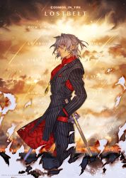 Rule 34 | 1boy, antonio salieri (fate), antonio salieri (second ascension) (fate), bad id, bad pixiv id, burning, cross, dated, english text, fate/grand order, fate (series), formal, grey hair, half updo, hands in pockets, highres, medallion, profile, red eyes, scarf, solo, suit, twinkle twinkle little star, twitter username, yai (hachihito)