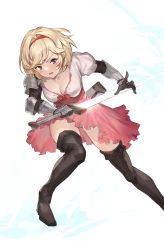 Rule 34 | 1girl, absurdres, armor, atorosu, black footwear, blonde hair, boots, bow, breasts, brown eyes, cleavage, collarbone, djeeta (granblue fantasy), eyelashes, frills, gauntlets, gloves, granblue fantasy, grey gloves, hairband, high heel boots, high heels, highres, holding, holding sword, holding weapon, long eyelashes, lower teeth only, open mouth, panties, pantyshot, pauldrons, red bow, red hairband, scabbard, sheath, short hair, shoulder armor, single gauntlet, single glove, single pauldron, solo, sword, teeth, thigh boots, tongue, underwear, unsheathed, vambraces, weapon, white panties