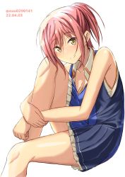 Rule 34 | 1girl, absurdres, baldr (series), baldr sky, breasts, cleavage, collarbone, dated, dress, from side, highres, hugging own legs, looking at viewer, m.a.o, nagisa chinatsu, pink hair, ponytail, short hair, sitting, sleeveless, sleeveless dress, smile, solo, twitter username, white background, yellow eyes