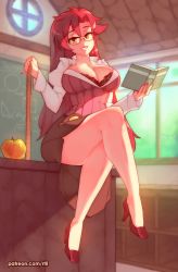 Rule 34 | 1girl, absurdres, apple, bare legs, bespectacled, book, bra, bra peek, breasts, classroom, cleavage, commentary, desk, english commentary, evening, fingernails, food, fruit, full body, glasses, grin, hair down, hair intakes, half-closed eyes, head tilt, high heels, highres, holding, holding book, indoors, lace, lace-trimmed bra, lace trim, large breasts, legs, crossed legs, lips, long hair, looking at viewer, naughty face, aged up, on desk, open book, open clothes, open collar, pencil skirt, pumps, red hair, ribbed sweater, rtil, ruler, semi-rimless eyewear, shrug (clothing), sitting, skirt, smile, solo, sunlight, sweater, teacher, tengen toppa gurren lagann, thick thighs, thighs, under-rim eyewear, underwear, wide hips, yellow eyes, yoko littner, yomako