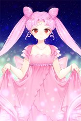 Rule 34 | 1girl, bad id, bad pixiv id, bishoujo senshi sailor moon, blue background, bodice, bow, chibi usa, clothes lift, cone hair bun, cowboy shot, crescent, crescent facial mark, double bun, dress, dress lift, facial mark, forehead mark, hair bun, hair ornament, hairpin, jewelry, long hair, necklace, aged up, pink bow, pink dress, pink hair, red eyes, shainea, small lady serenity, smile, solo, twintails