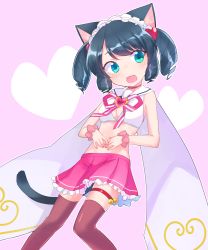 Rule 34 | 1girl, animal ears, aqua eyes, bell, black hair, blush, breasts, brown thighhighs, cat ears, cat tail, cleavage, cleavage cutout, clothing cutout, curly hair, cyan (show by rock!!), drill hair, highres, kyuuri (miyako), looking at viewer, medium breasts, open mouth, pink skirt, pleated skirt, purple thighhighs, sailor collar, short hair, show by rock!!, skirt, smile, solo, tail, thighhighs
