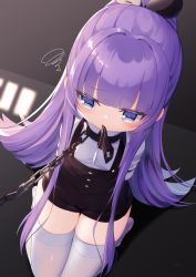 Rule 34 | 1girl, azur lane, black neckwear, black ribbon, black shorts, blue eyes, blunt bangs, blush, chain, closed mouth, commentary request, dutch angle, from above, hair ribbon, highres, kokone (coconeeeco), long hair, long sleeves, looking away, mouth hold, ponytail, purple hair, ribbon, seiza, shirt, short shorts, shorts, sitting, solo, squiggle, suspender shorts, suspenders, tashkent (azur lane), tashkent (the bound cruiser) (azur lane), thighhighs, very long hair, white shirt, white thighhighs