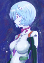Rule 34 | 1girl, abstract background, absurdres, ayanami rei, blue background, blue hair, blue theme, closed mouth, colored skin, diffraction spikes, grey skin, highres, light blue hair, neon genesis evangelion, painterly, plugsuit, purple z, red eyes, short hair, solo, sparkle, upper body
